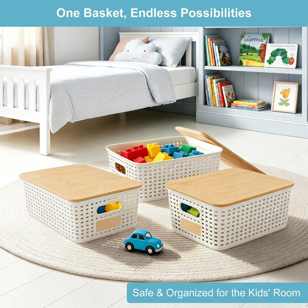 Bagnizer Small Plastic Storage Bins with Bamboo Lids 5.2qt Stackable Box Bask...