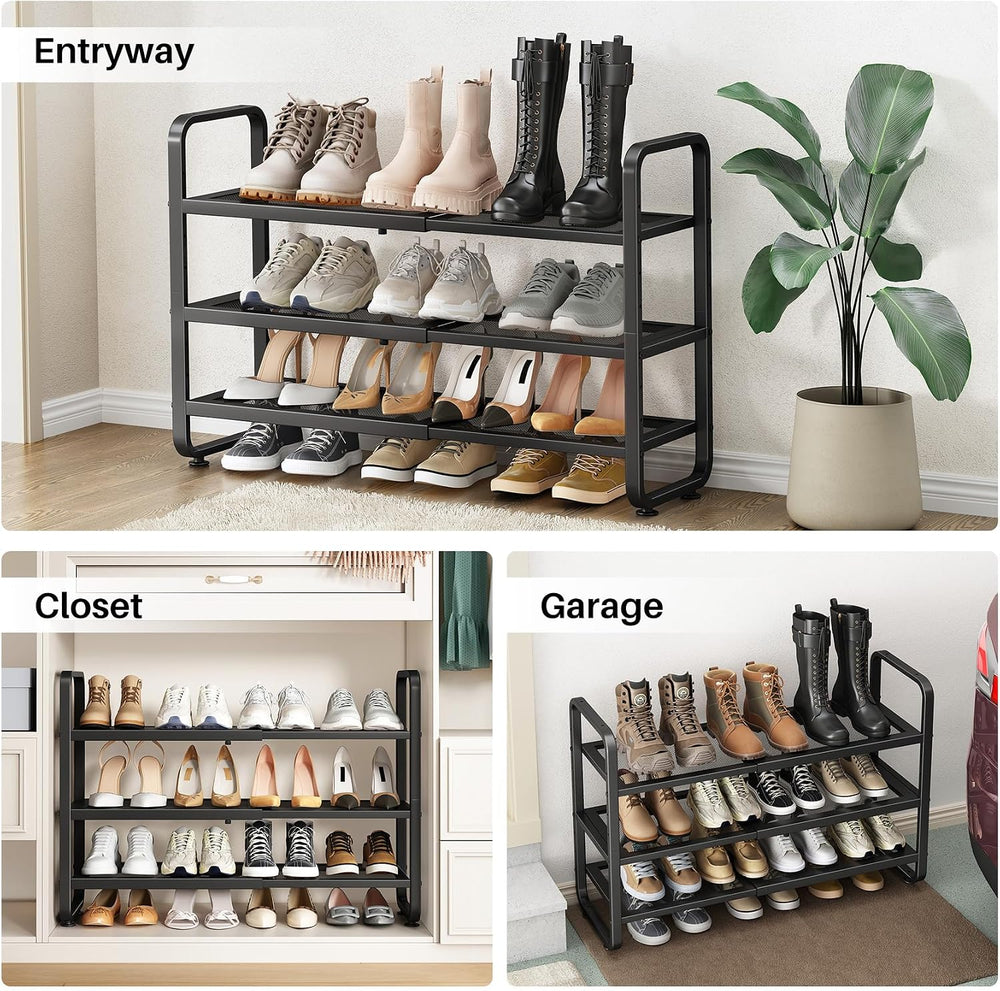 Expandable Metal Shoe Rack for Closet, Entryway & Garage, 3-Tier, Black