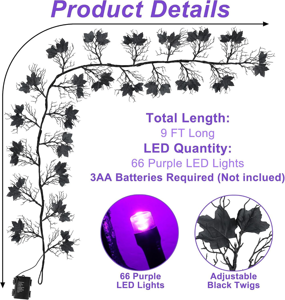 9Ft Lighted Halloween Garland Decorations Indoor, 66 LED Purple Lights Willow...
