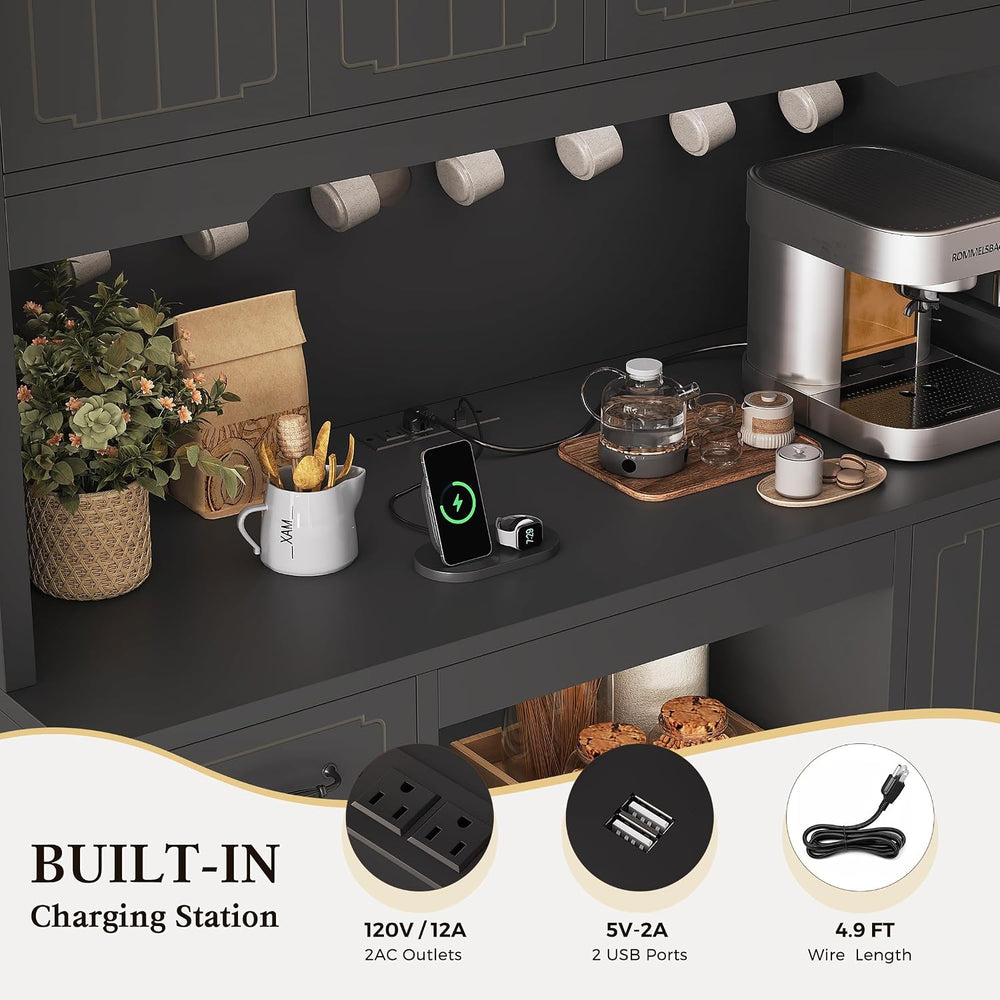 Fluted Kitchen Pantry Cabinet with Charging Station & LED Light, 47"...