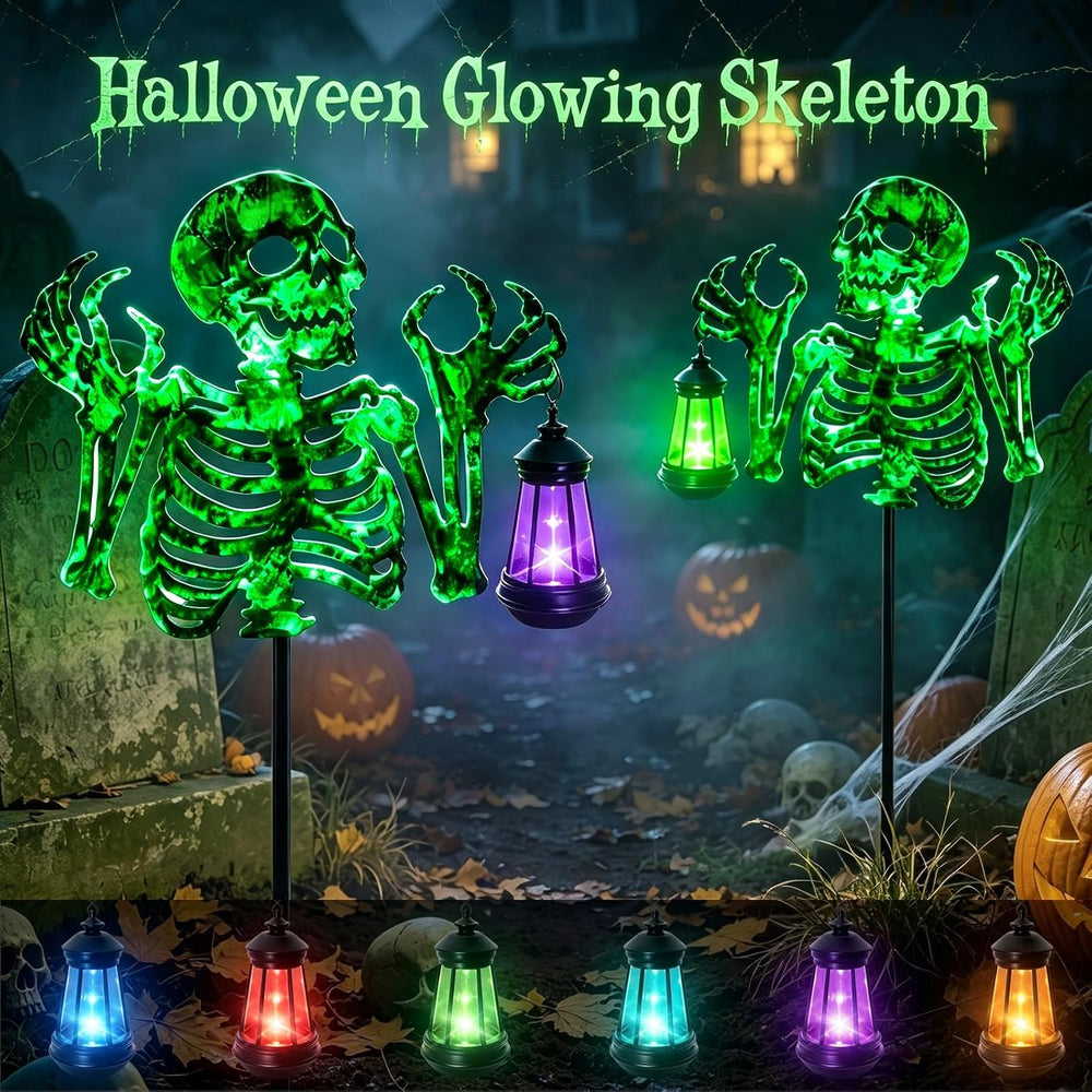 YJFWAL Halloween Skull Decor with Solar Light, 2 Pack Skull Solar Garden Ligh...