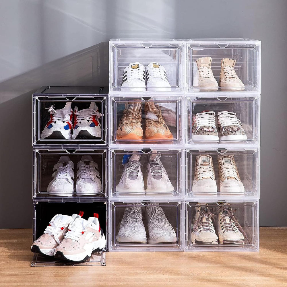 Attelite Shoe Storage Boxes Stackable Clear Shoe Organizer,6 Pack Black