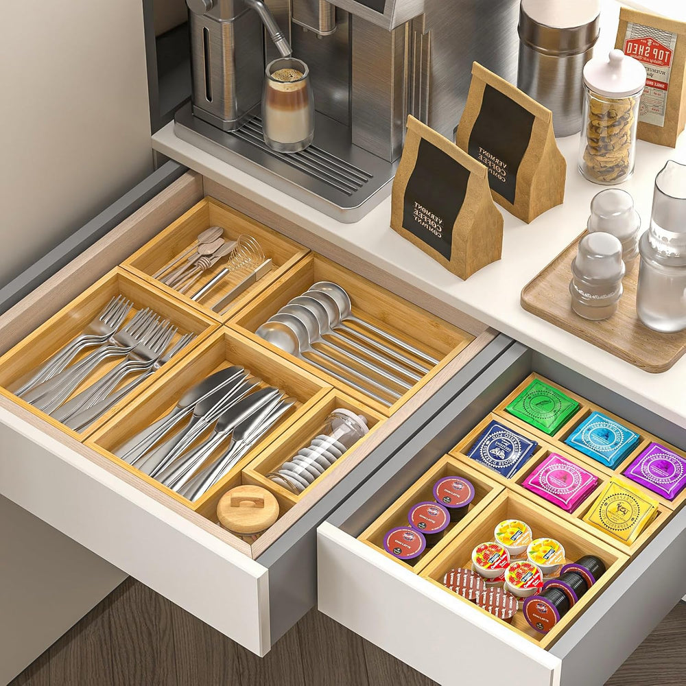 Bamboo Drawer Organizer, Set of 9 Wood Kitchen Junk Tea Desk Office Tray, Woo...