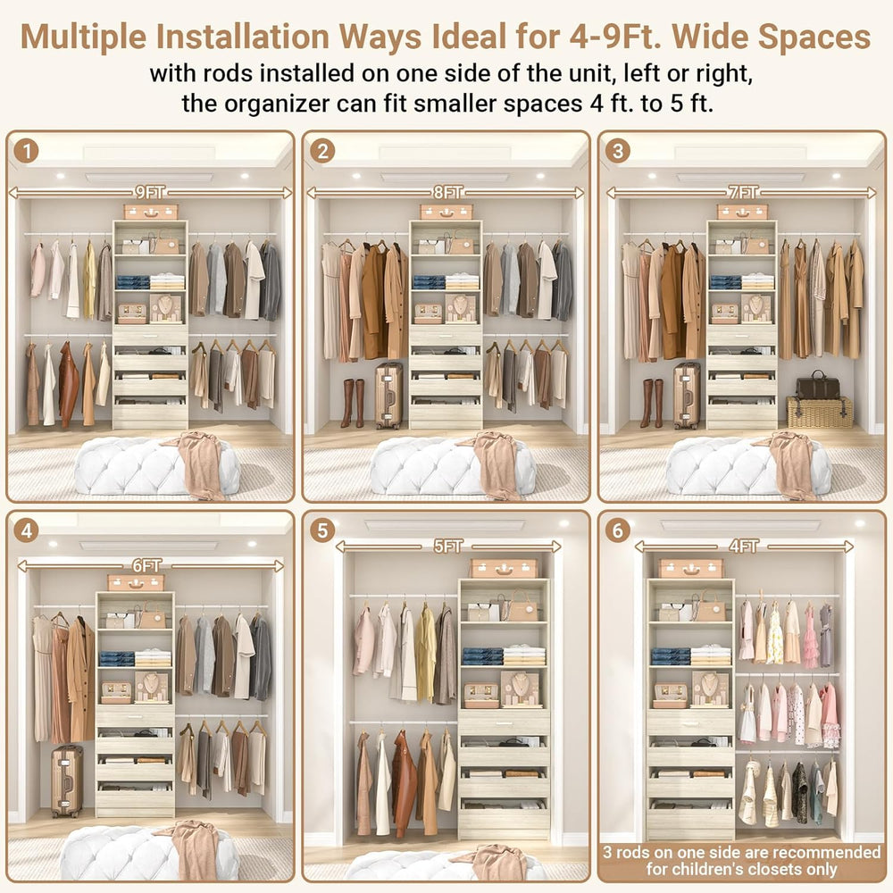 Aheaplus Closet System,4-9Ft Closet Organizer with 4 Wood Drawers,White Oak