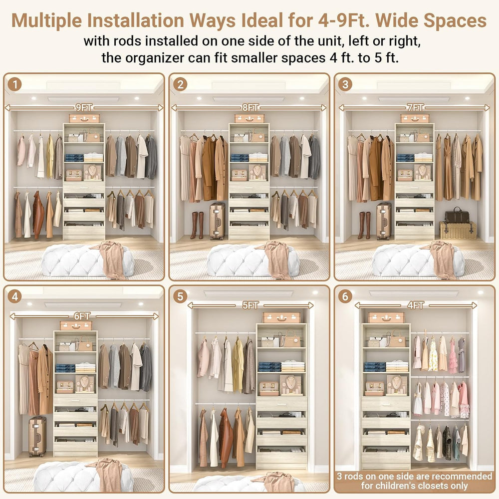 Aheaplus Closet System, Closet Organizer System with 4 Wooden Drawers, 4-9Ft ...