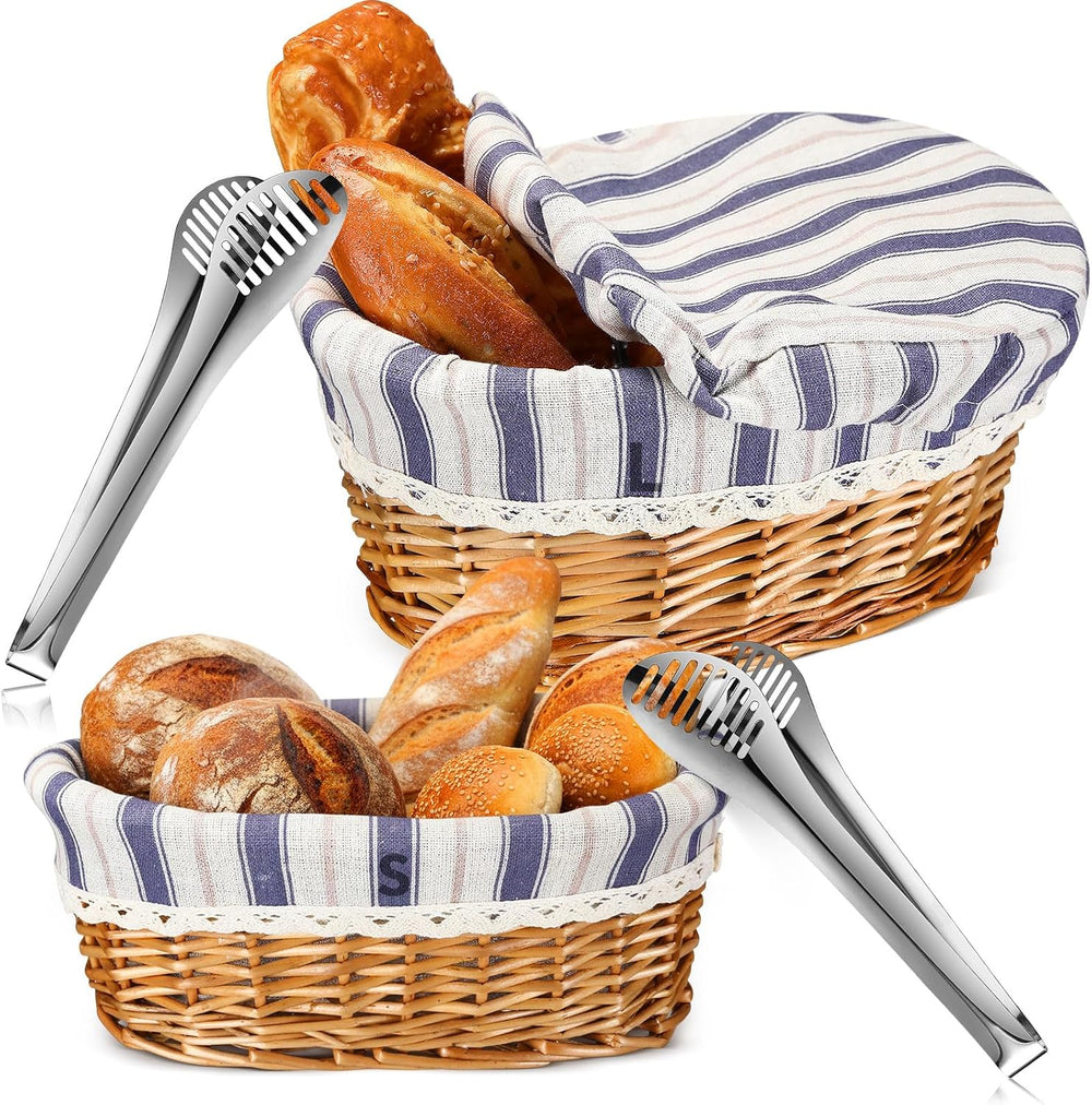 2 Set 11" 12" Bread Basket, Natural with Gray White Stripes Cover