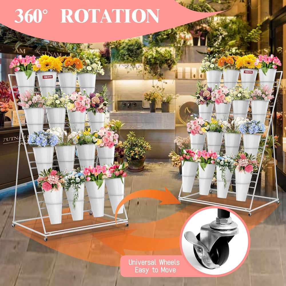 Flower Display Stand with Buckets, 4 Layers 16 PCS Buckets Plant Stand with W...