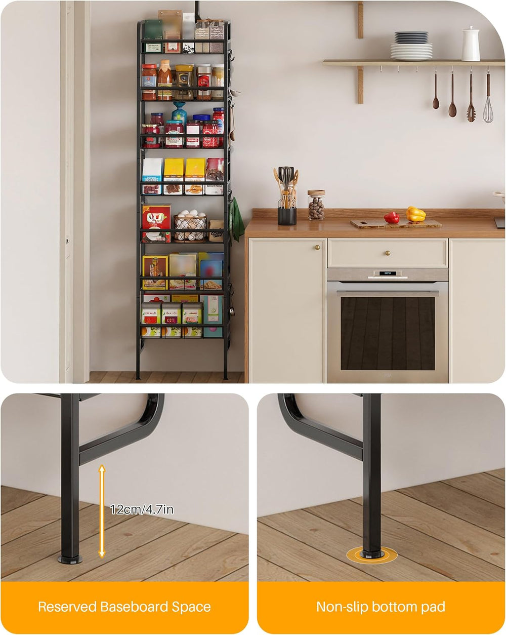 7 Tier Metal Tall Narrow Storage Shelf with Hooks