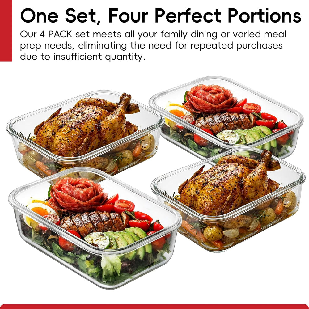 4 Pack 8 Cups/ 63oz Large Glass Storage Containers with Lids, Meal Prep Conta...