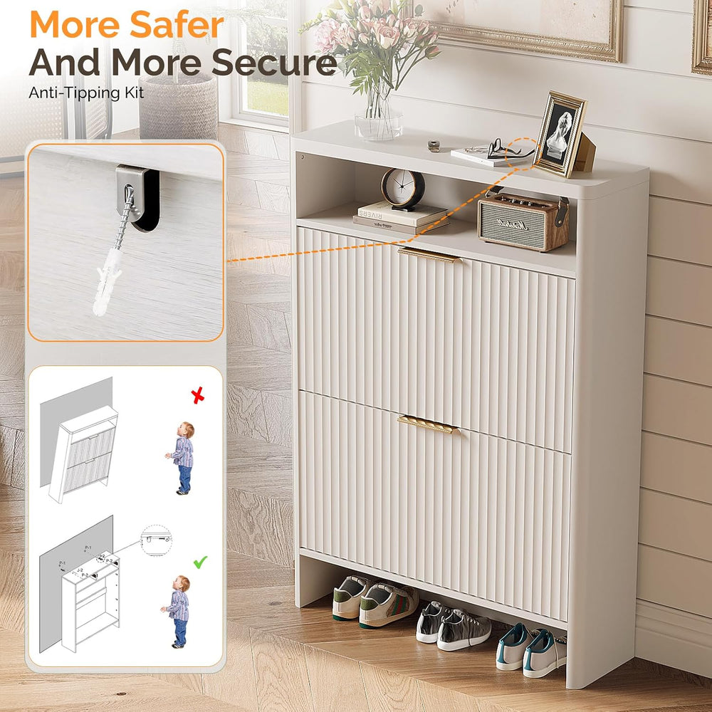 VINGLI White Slim Shoe Cabinet with Curved Edges, Modern Hidden Shoe Storage ...