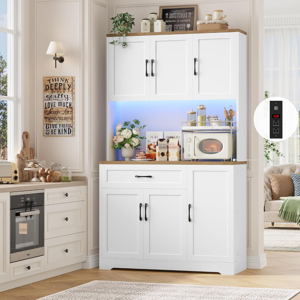 71'' Tall LED Kitchen Pantry Cabinet with Power Outlet & Door Rac...