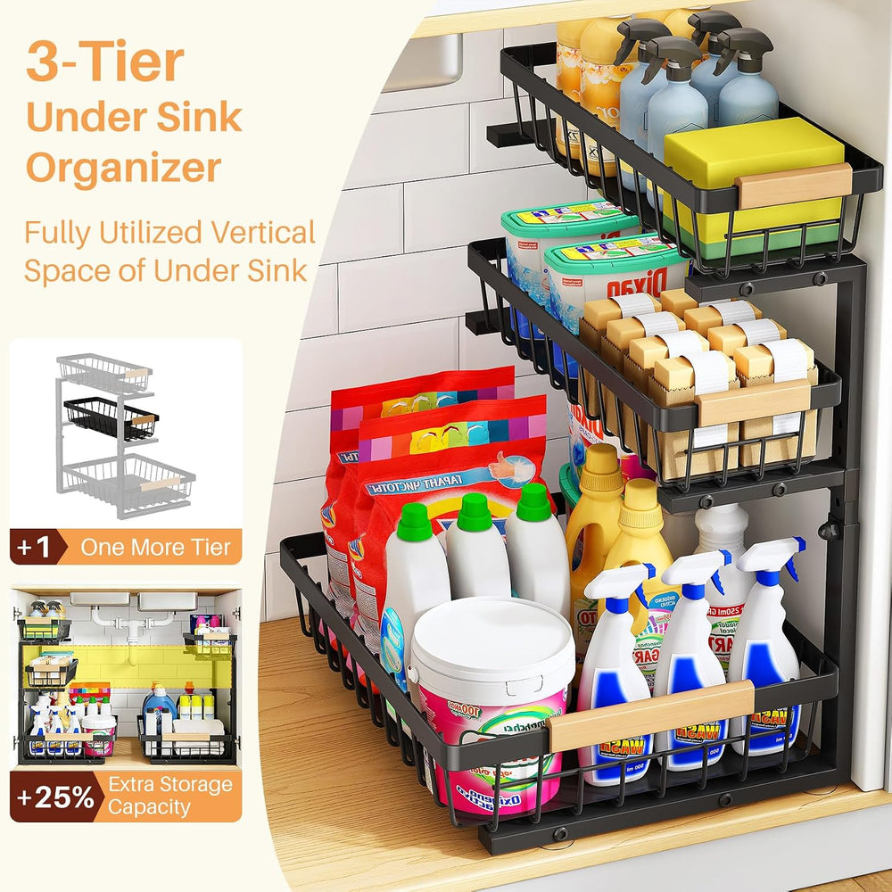 PXRACK Under Sink Organizer, 3-Tier 2-Pack Adjustable Height Pull Out Under C...