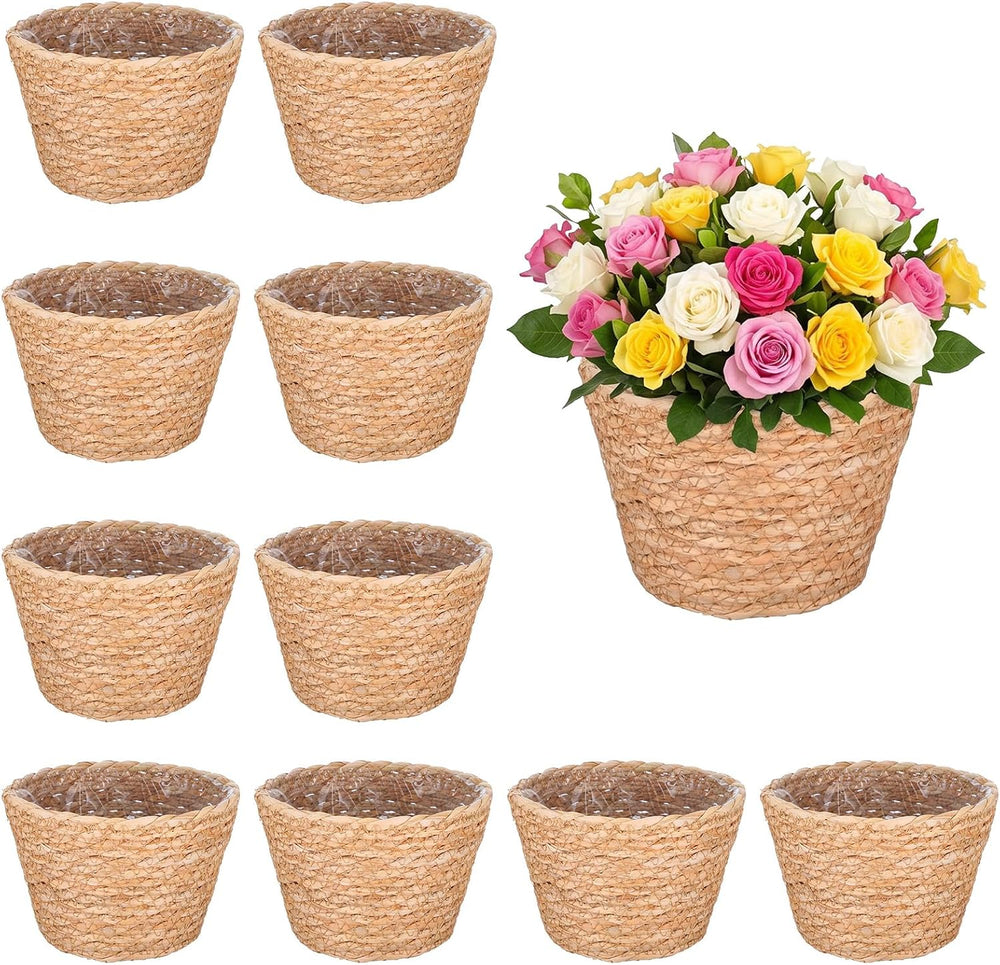 10PCS Seagrass Plant Baskets with Plastic Liners, Woven Wicker Planter Basket...