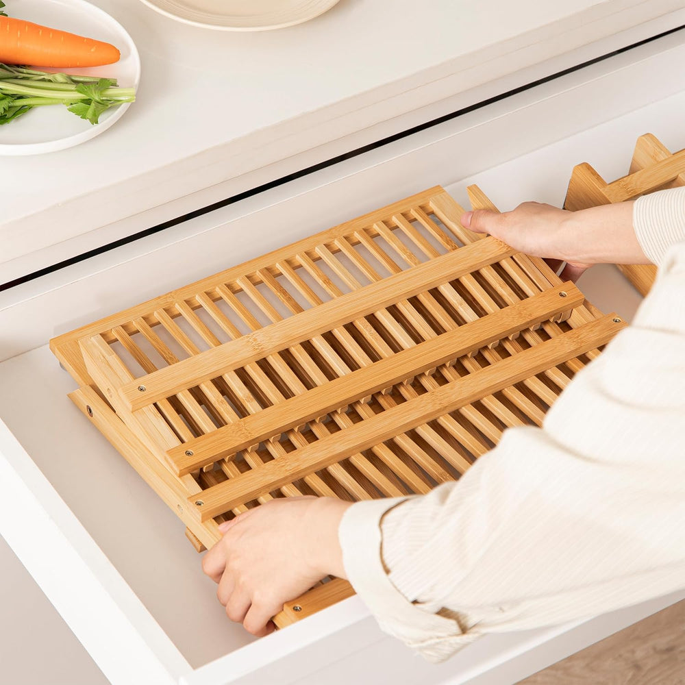 HBlife Bamboo Dish Drying Rack with Utensil Holder, 3-Tier Large Collapsible ...