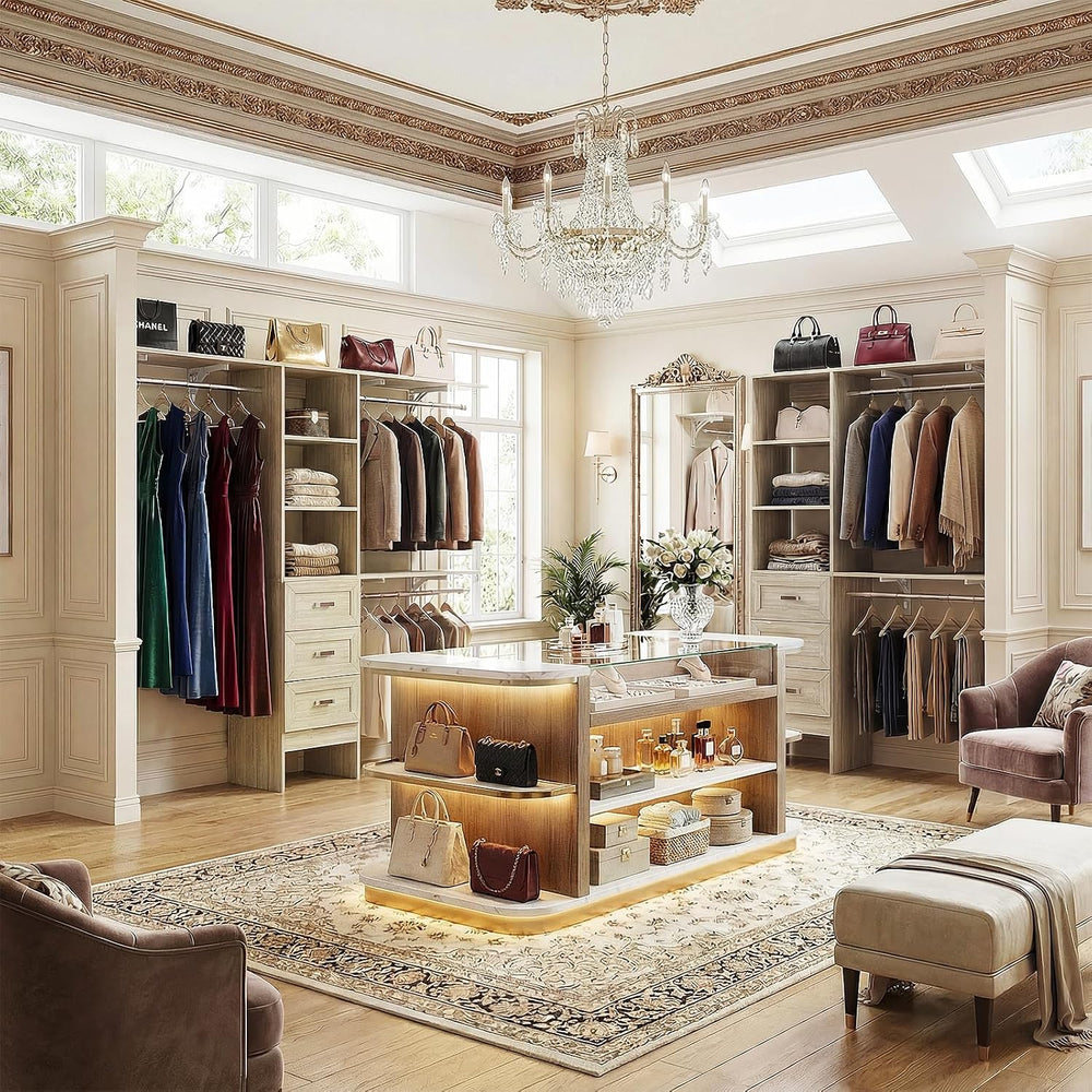 8FT Closet System with 3 Curved Drawers, 96'' Wooden Walk-in Closet O...