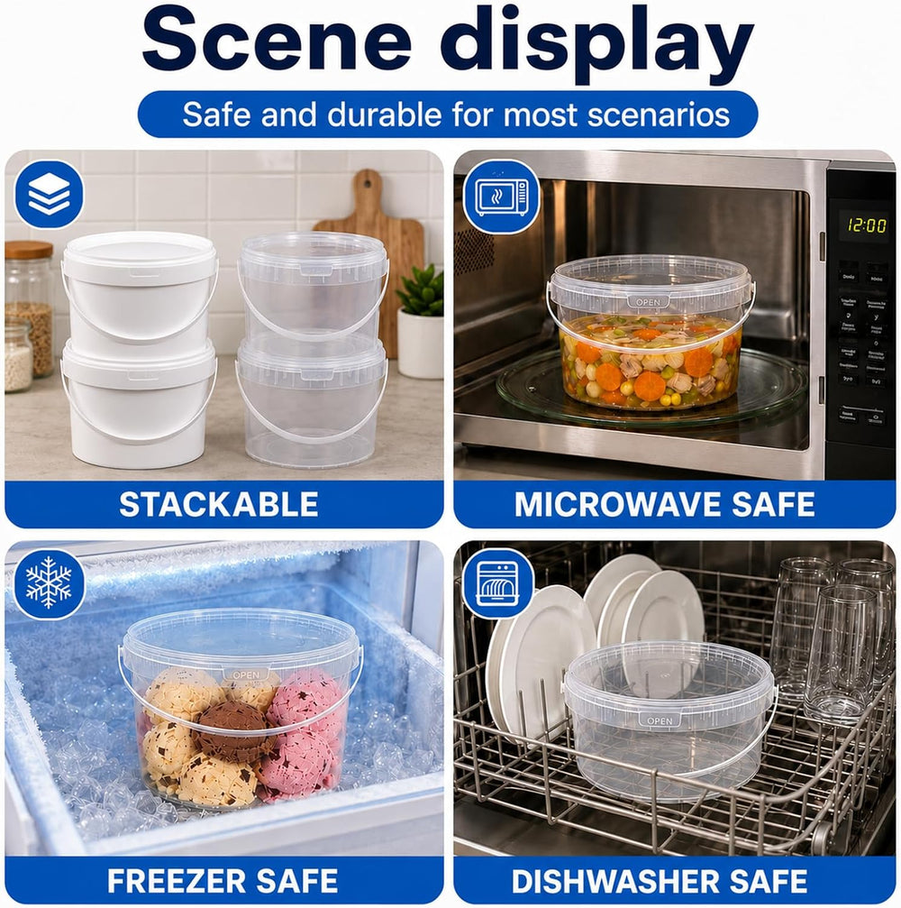 METAPACK 135 fl oz / 1 gal Clear Food Grade Plastic Buckets with Lids & H...