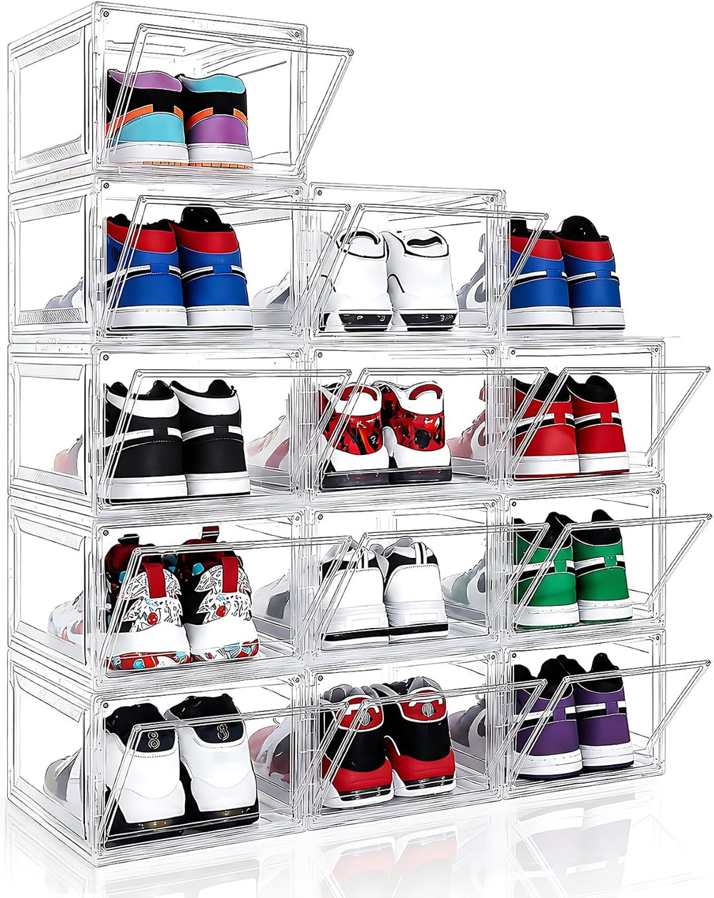 BVBOX 12 Pack Acrylic Shoe Storage Boxes with Magnetic Door - 360° Clear Stac...