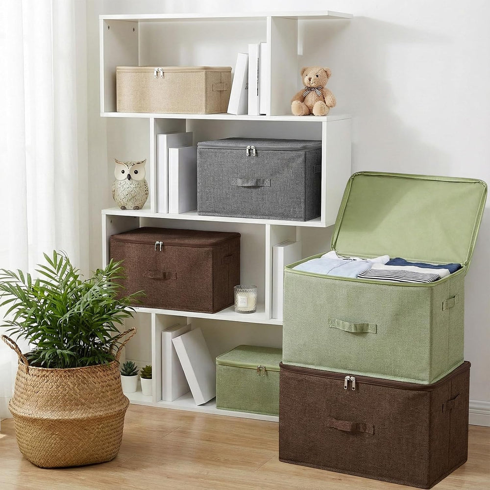 ANMINY Fabric Storage Bins with Zipper Lids, 15"x10"x6", Coffe...