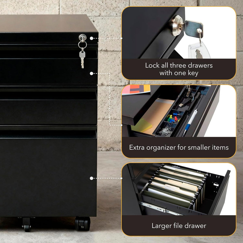 Mount-It! 3 Drawer File Cabinet with Lock and Wheels, Heavy-Duty Steel Rollin...
