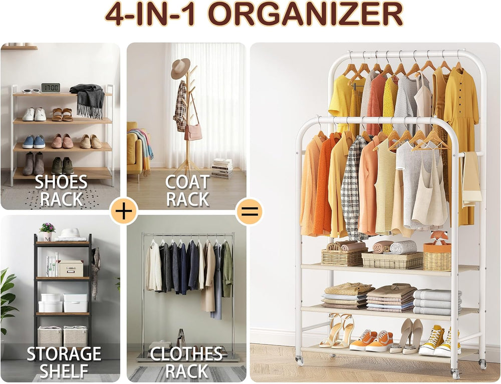 HOMIDEC Clothes Rack,Double Rods Clothing Rack with 3 Tier Shelve&Wheels