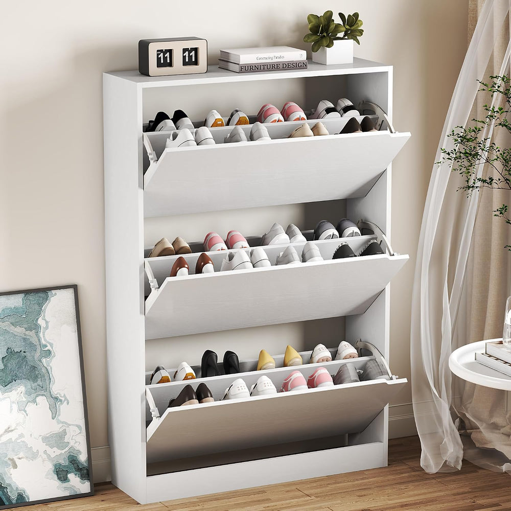 BORNOON Shoe Cabinet with 3 Flip Drawers, Hidden Wood Shoe Cabinet,Freestandi...