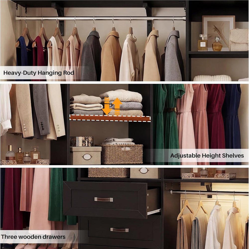 8FT Closet System with 3 Curved Drawers, 96'' Wooden Walk-in Closet O...