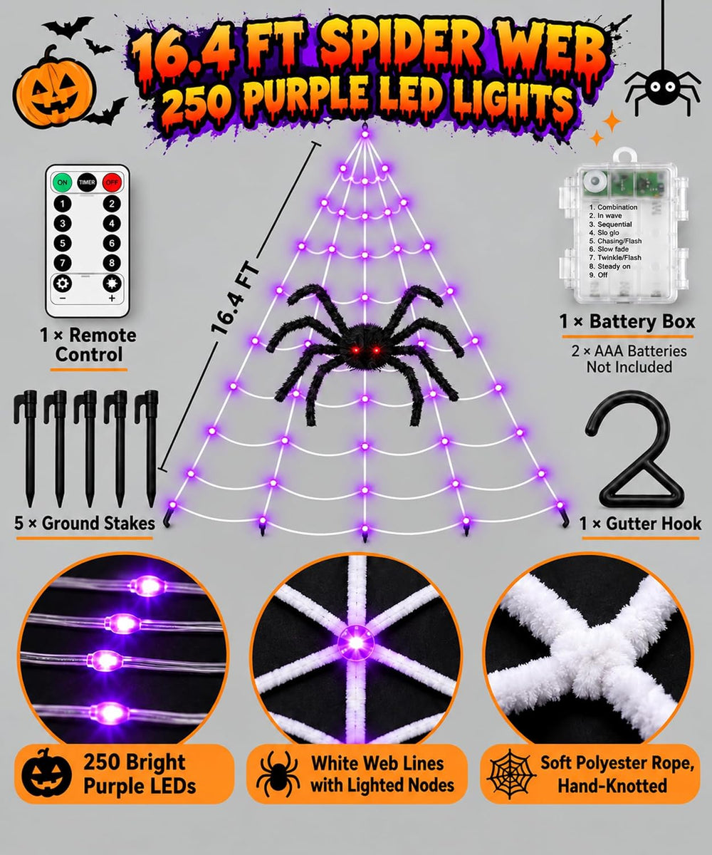 Giant Lighted Spider Web Halloween Decorations, 16.4 FT Web with 250 Purple L...