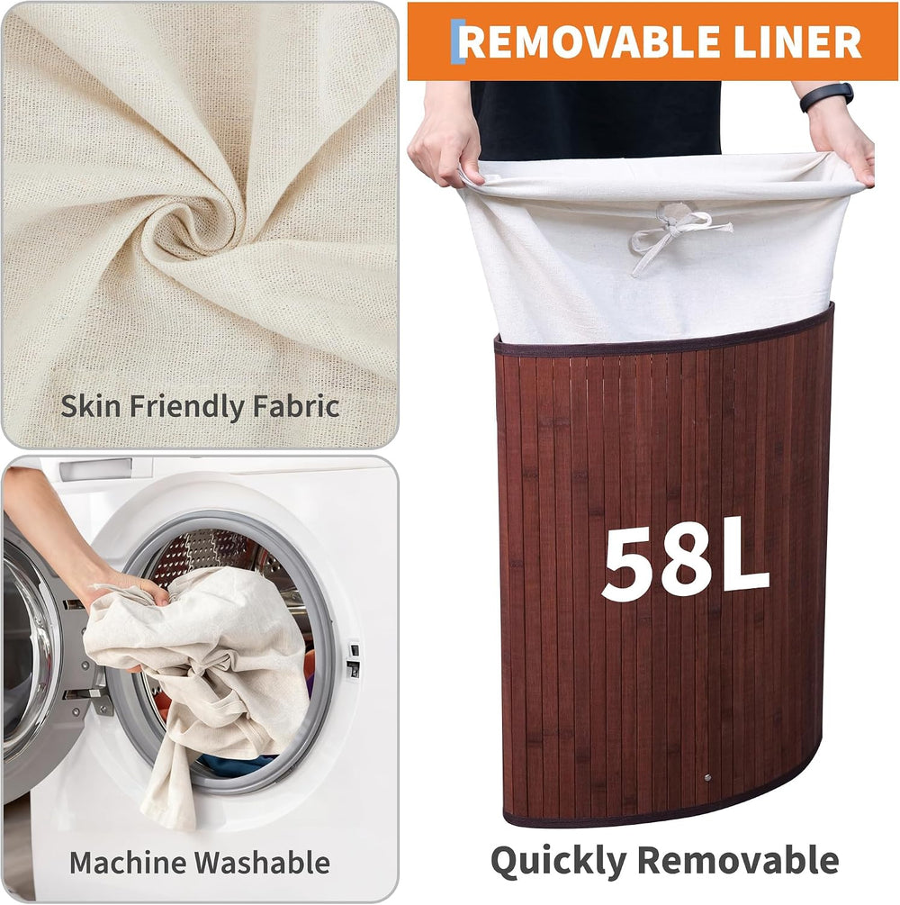 Bamboo Corner Laundry Hamper with Lid – 58L Large Collapsible Clothes Basket ...