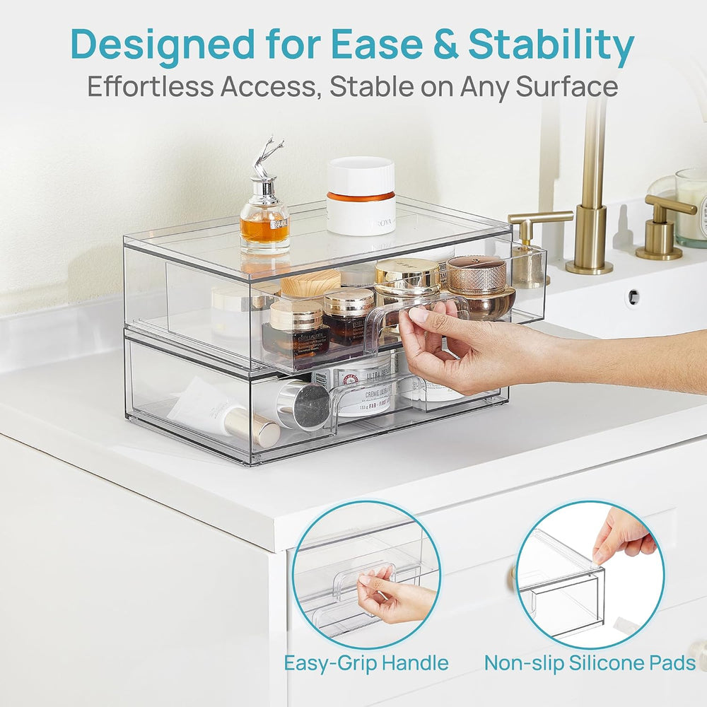 Vtopmart Clear Stackable Storage Drawers, 2 Pack Wide Plastic Organizers