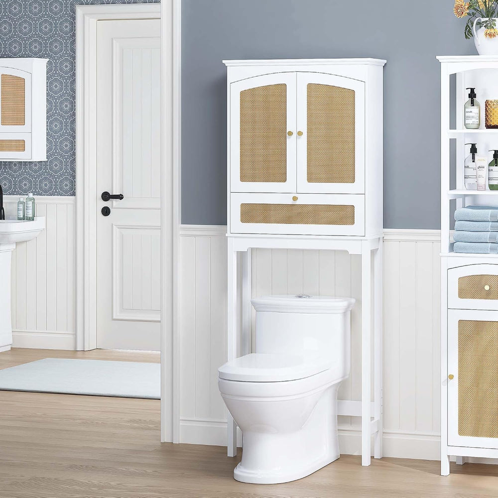 Spirich Over the Toilet Storage Cabinet with Arched Rattan Doors, White