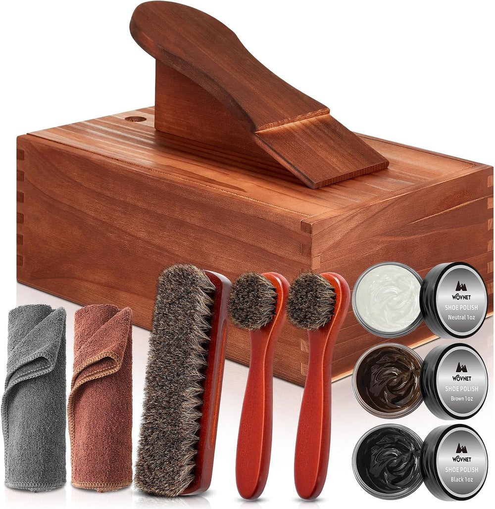 9 Pcs Shoe Shine Valet Box Including 1 Wooden Storage Box, 3 Colors Shoe Crea...