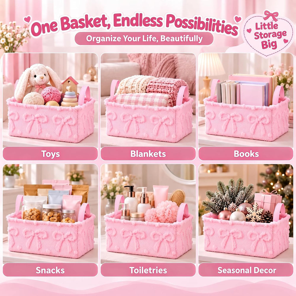 2 Pack Pink Bow Storage Baskets, 14x10'' Foldable Bins with Handles