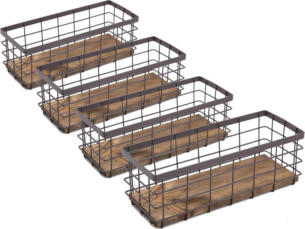 TIEYIPIN Small Metal Wire Storage Basket, Detachable Wood Base Storage Organi...