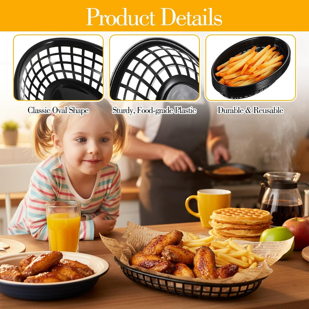 100 Pack Black Oval Fast Food Baskets, 8.85 x 5.5 Inch Reusable Plastic Servi...