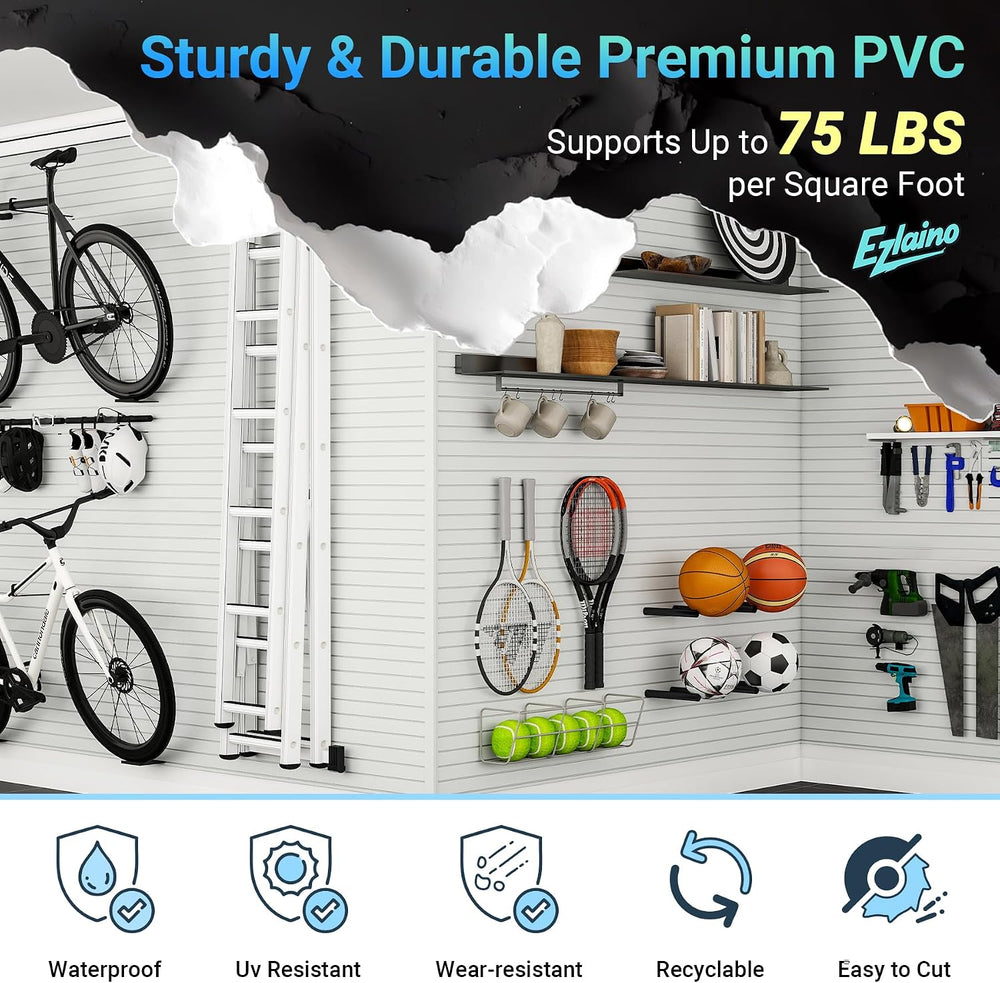Ezlaino Slatwall 4 FT x 8 FT, PVC Slat Wall Paneling Garage Wall Organizer