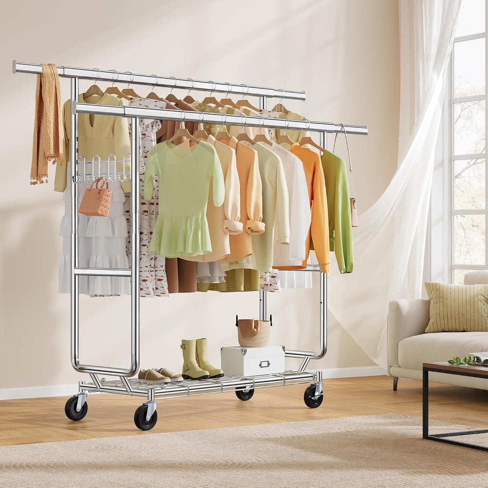 Hoctieon 2-Minute Assembly Double Rod Clothes Rack, Heavy Duty Rolling Clothi...