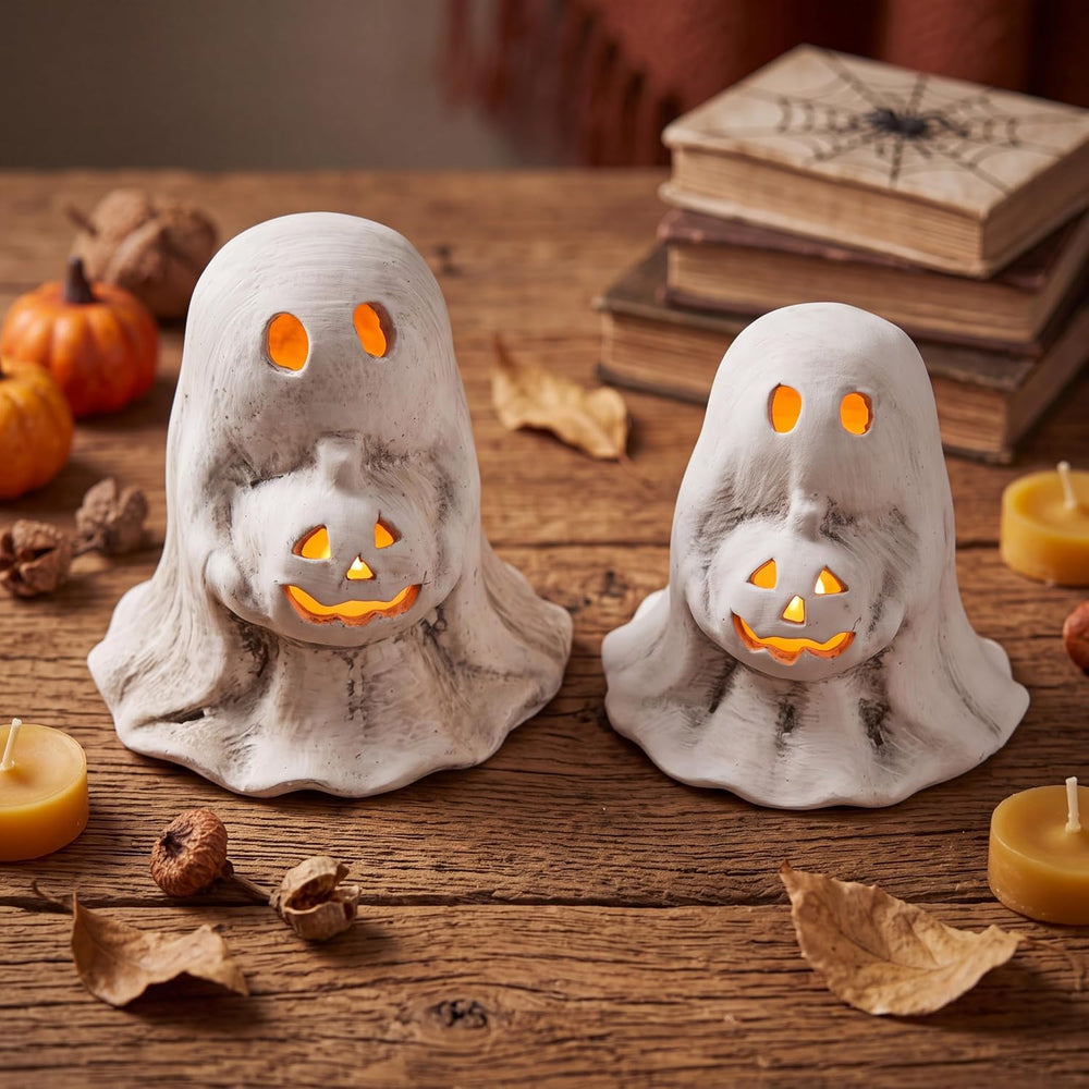 Tioncy 2 Pcs Halloween Terracotta Ghost Tealight Holder, White, Retro