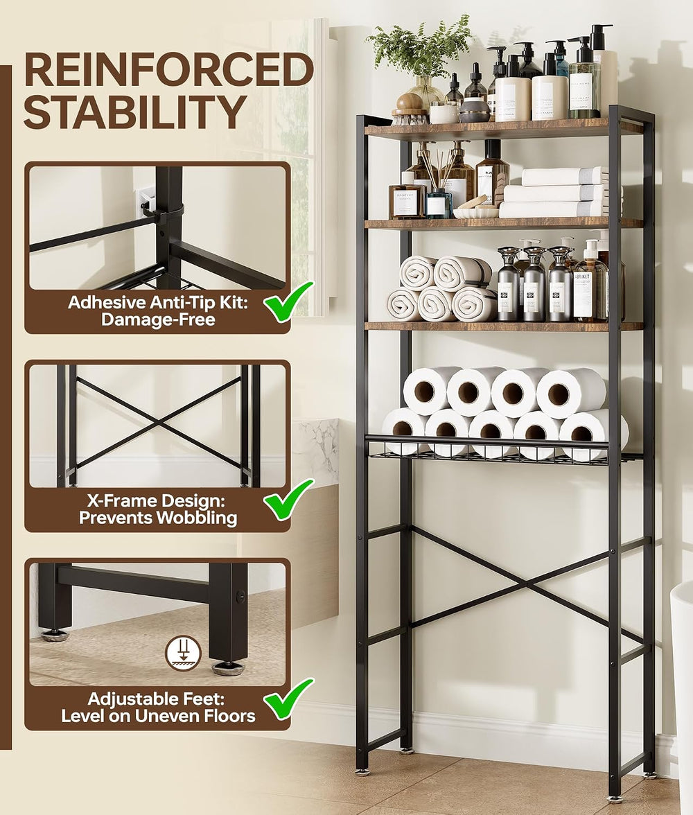 4-Tier Over-the-Toilet Storage Rack with One-Piece Wooden Shelves & Open ...