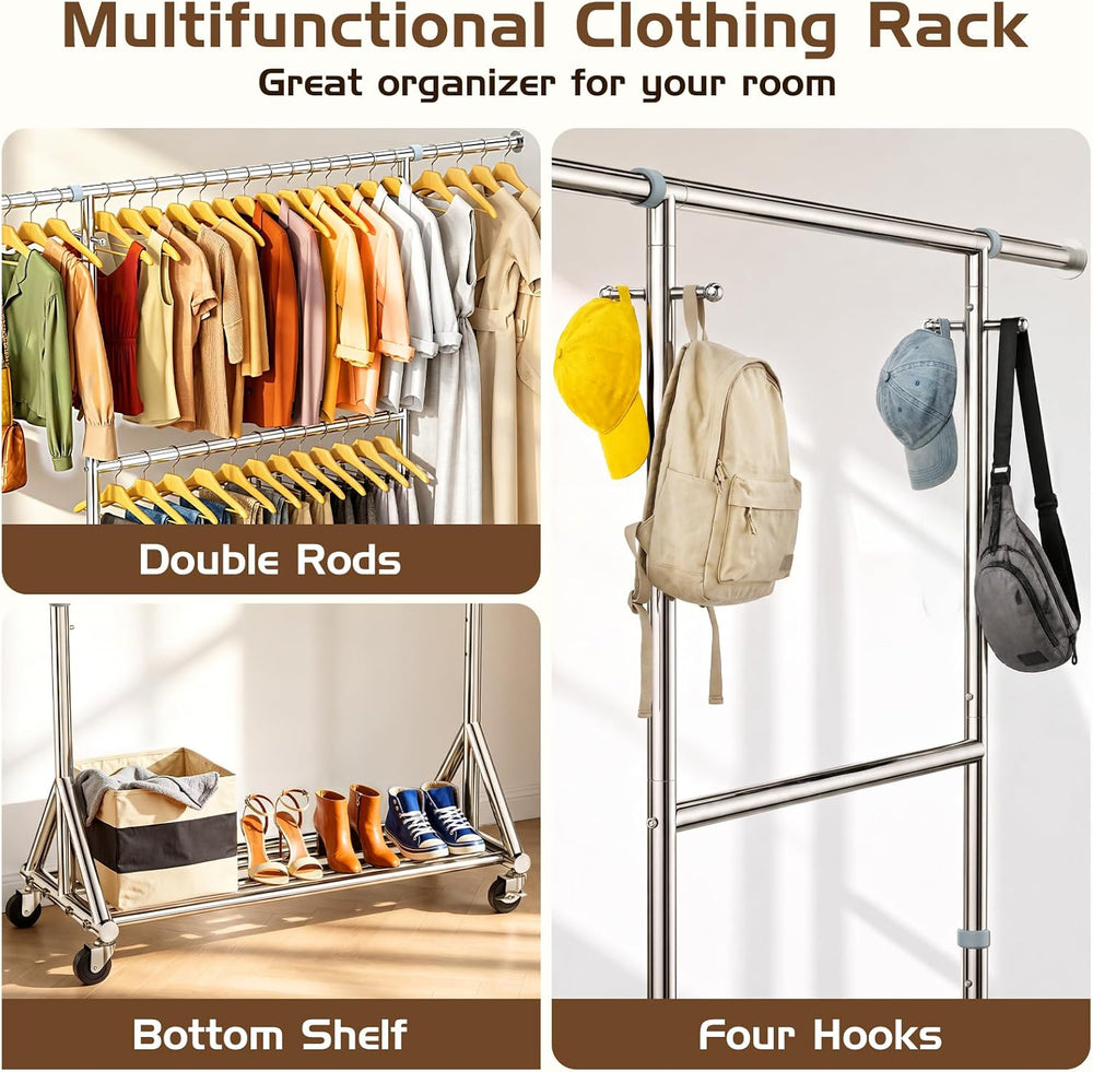 Heavy Duty Rolling Clothes Rack with Double Rods for Hanging Clothes, Adjusta...