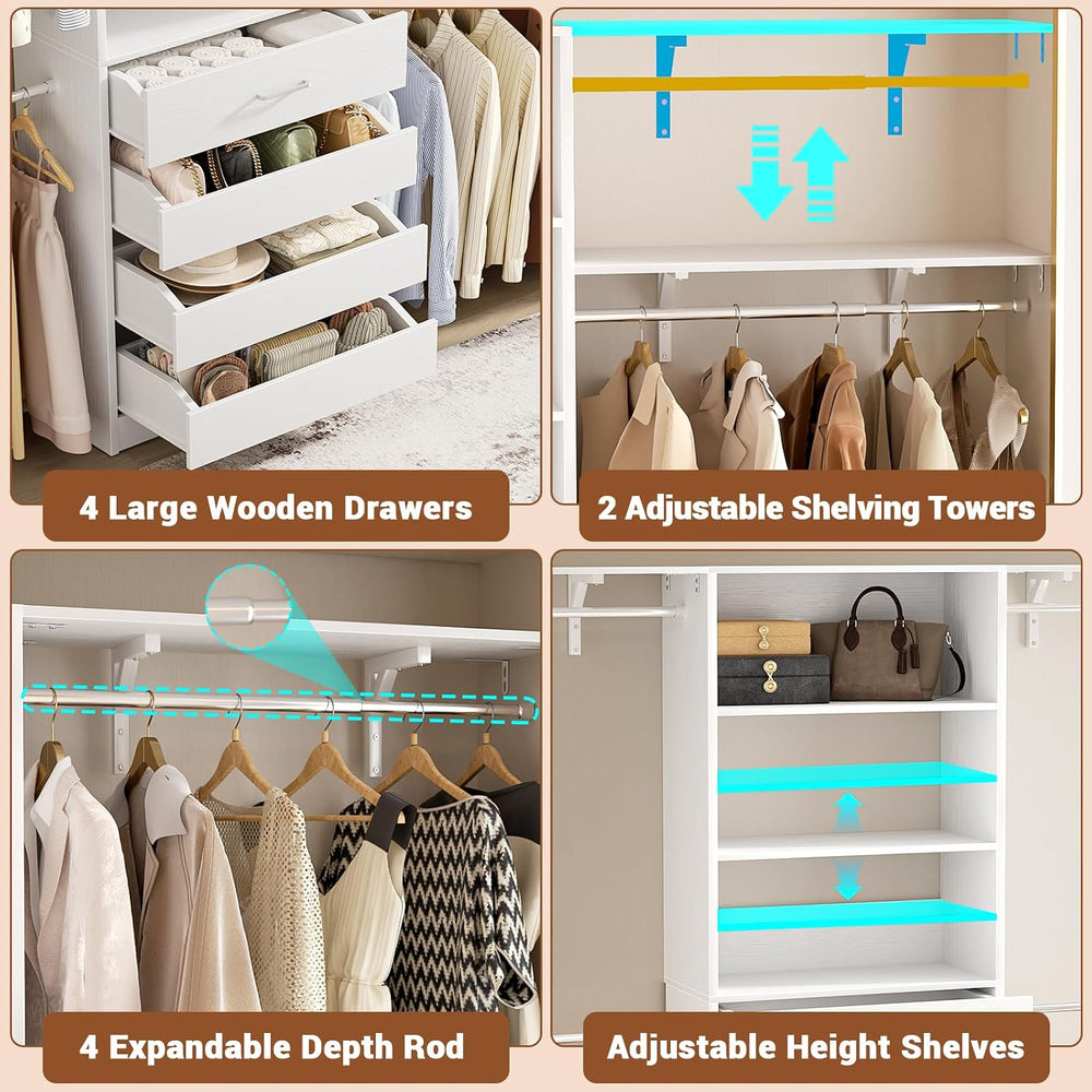 Aheaplus Closet System with 4 Drawers, 8FT Wood Closet Organizer System