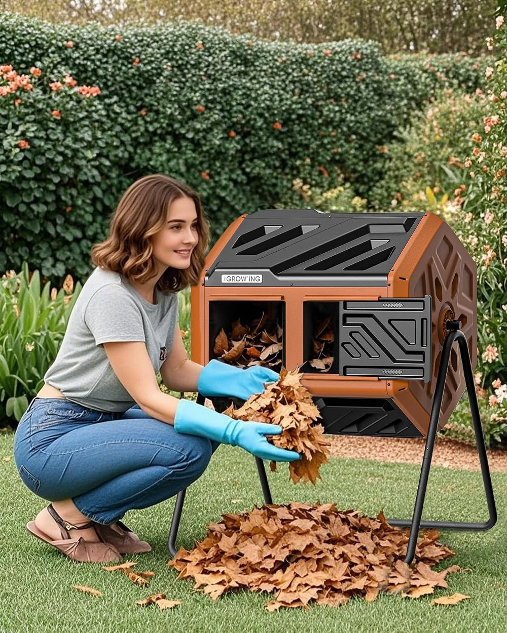 THE Growing 43 Gal Outdoor Compost Bin Tumbler for Backyard Yard, Orange