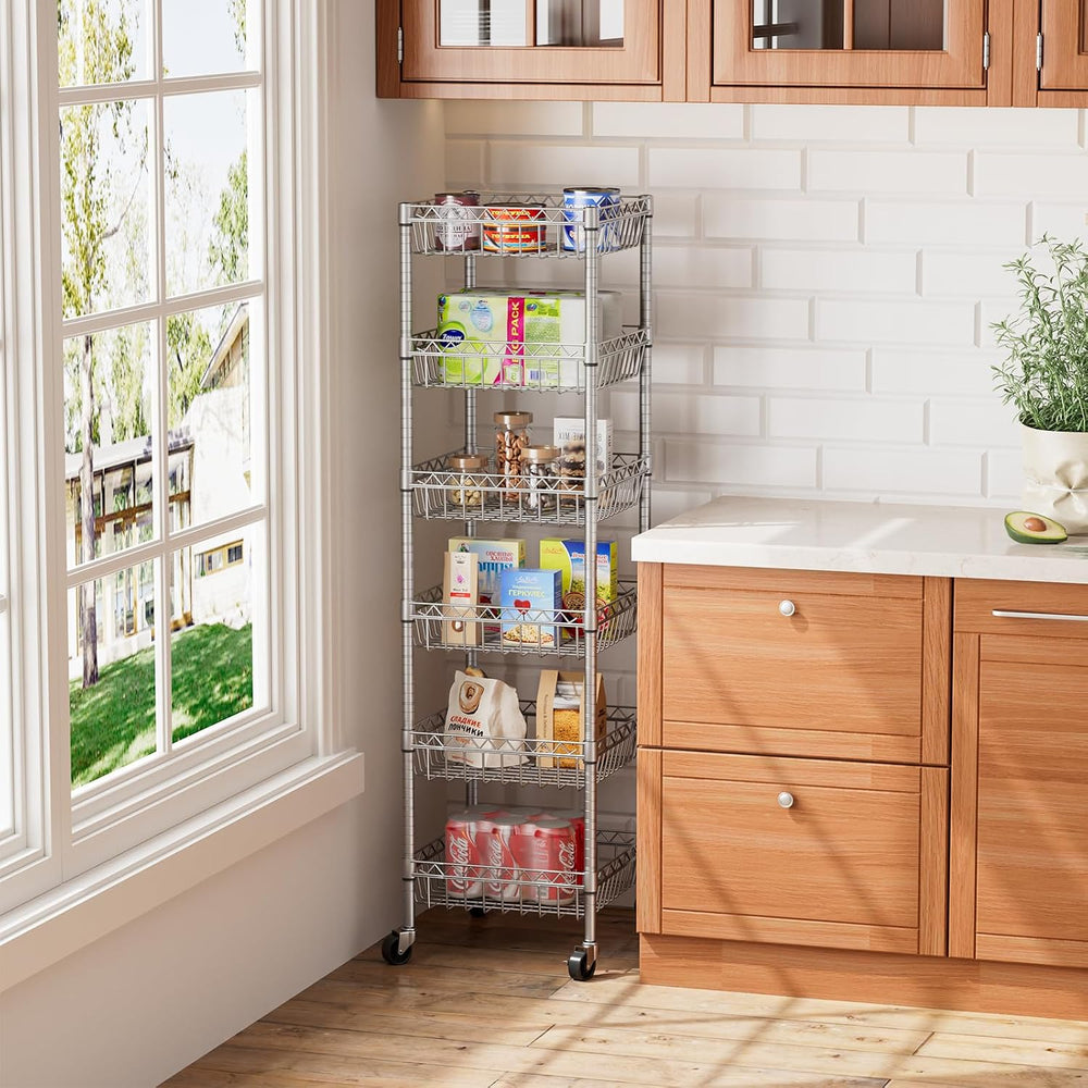 Basket Shelves Closet Rack with Wheels Metal Pantry Wire Shelf Unit
