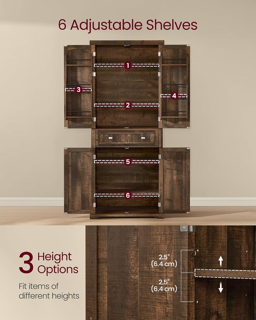 VASAGLE Pantry Cabinet, Freestanding Tall Cupboard with a Drawer