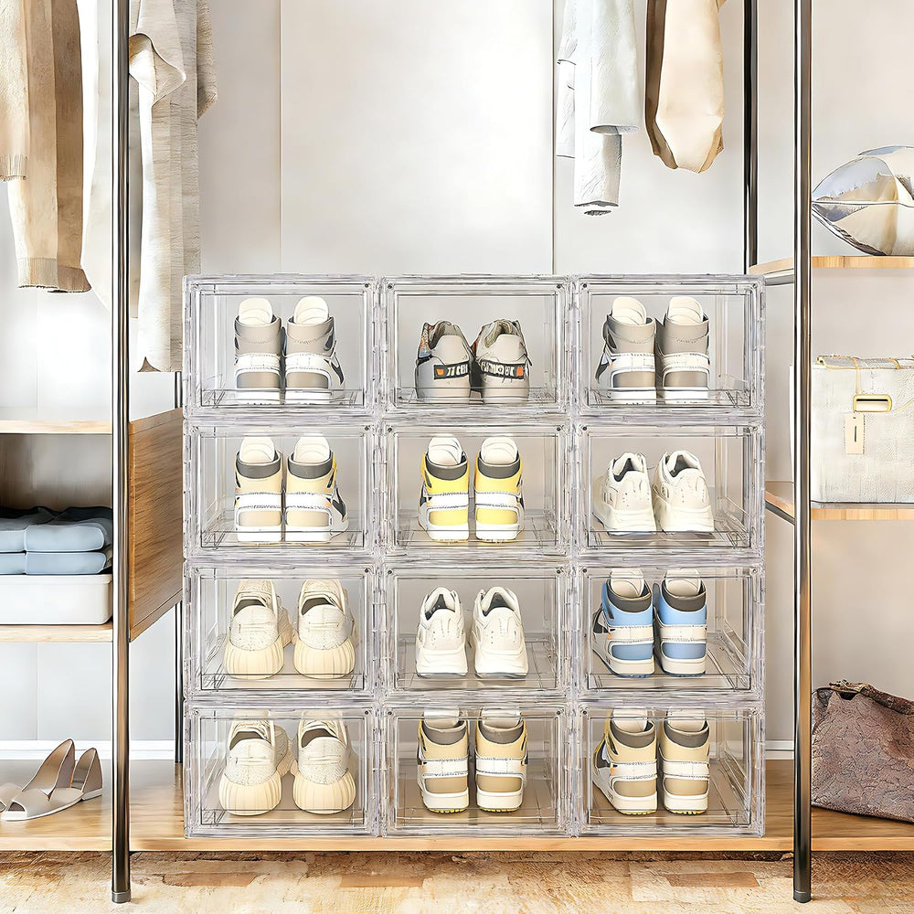 BVBOX 12 Pack Acrylic Shoe Storage Boxes with Magnetic Door - 360° Clear Stac...