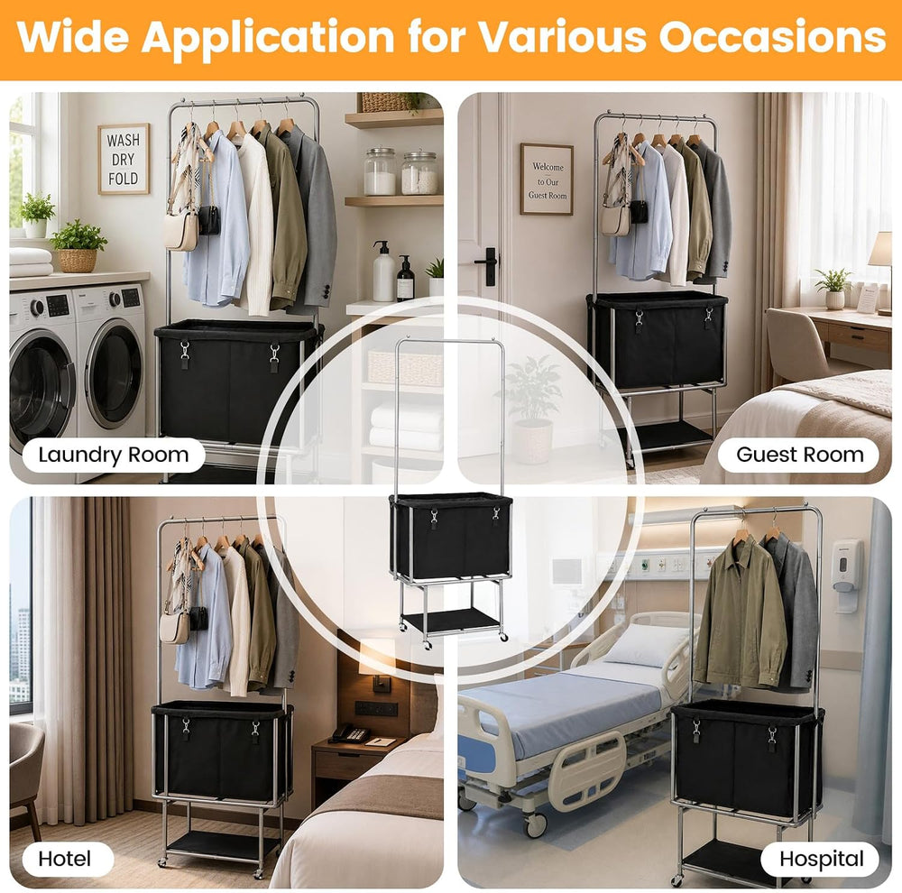 Rolling Laundry Cart 110L With Hanging Bar & Storage Shelf, Black