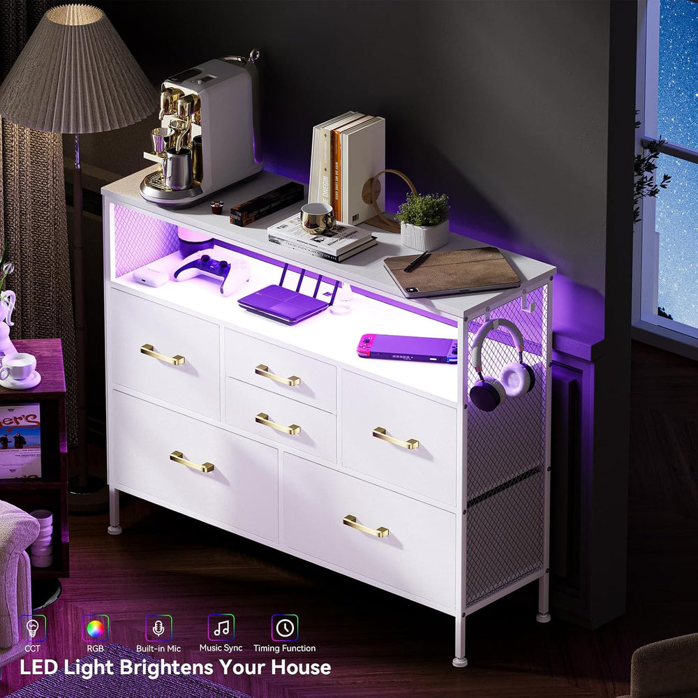 6 Drawer Chest with LED and Power, 45" TV Stand for Bedroom