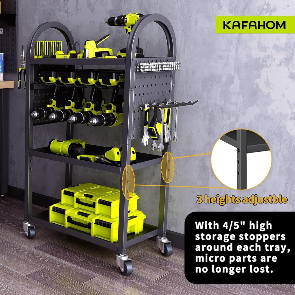 KAFAHOM Power Tool Organizer - 4 Tier Rolling Tool Cart with 8-12 Drill Holde...