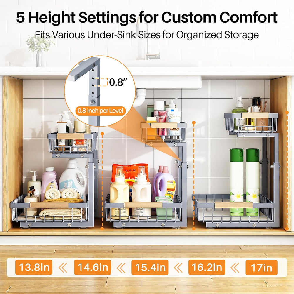 PXRACK Under Sink Organizer, Adjustable Height, 2 Tier Pull Out Under Cabinet...