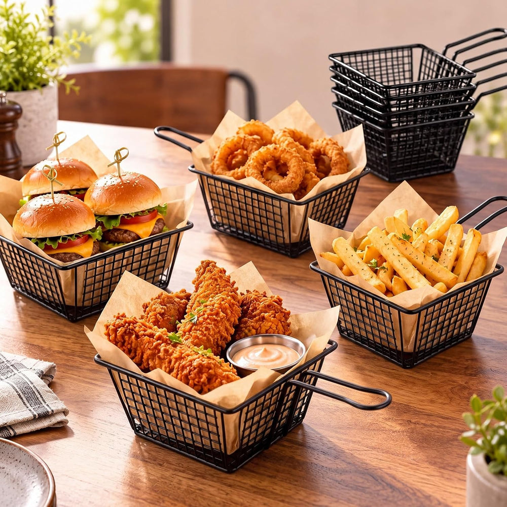 24 Pack French Fry Baskets with Handles and 100 Paper Liners