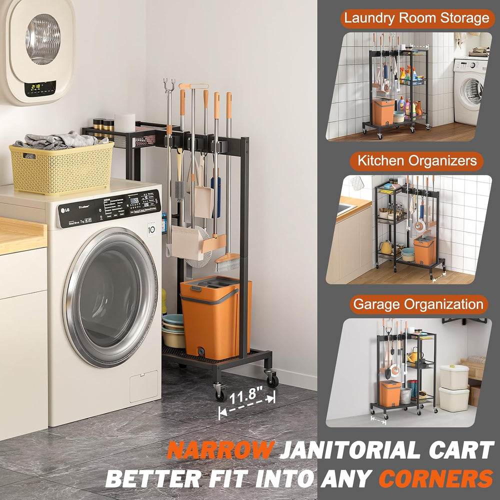 Broom Holder with Cleaning Supplies Organizer, Broom Closet Storage Cabinet w...